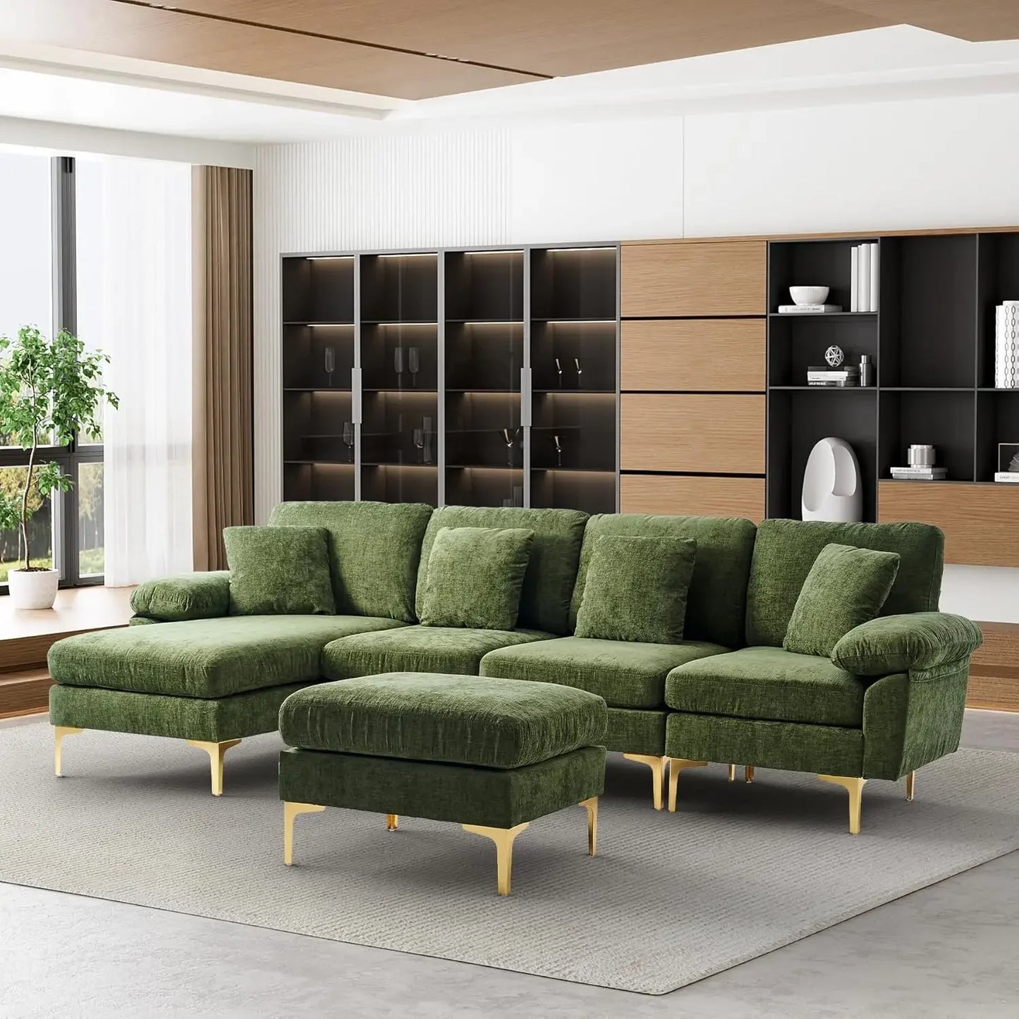 RYKER Modern Velvet U-Shaped Sectional Sofa with Chaise & Ottoman – Sectional Couch – 114.17" W
