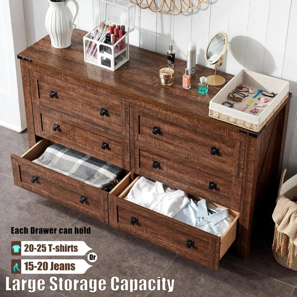 KYLIE Farmhouse Wide Rustic 6 Drawer Dresser - 54'' Wood Storage Chest for Bedroom