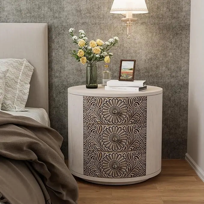 HOPE Vintage Floral Carved Wooden Nightstand Set – 18" Wide Bedside Table with 2 Drawers