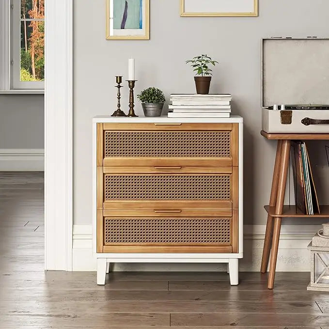 NAVY Farmhouse 3-Drawer Rattan Nightstand - 25" W Black Cane Front Accent Dresser with Brass Pulls