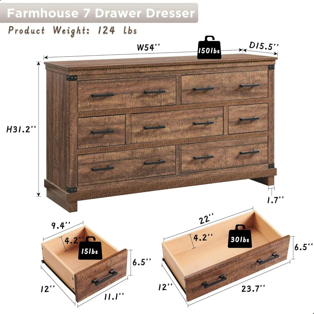COLLINS Farmhouse 7-Drawer Wood Dresser - 54" Wide Storage Chest for Bedroom & TV Stand
