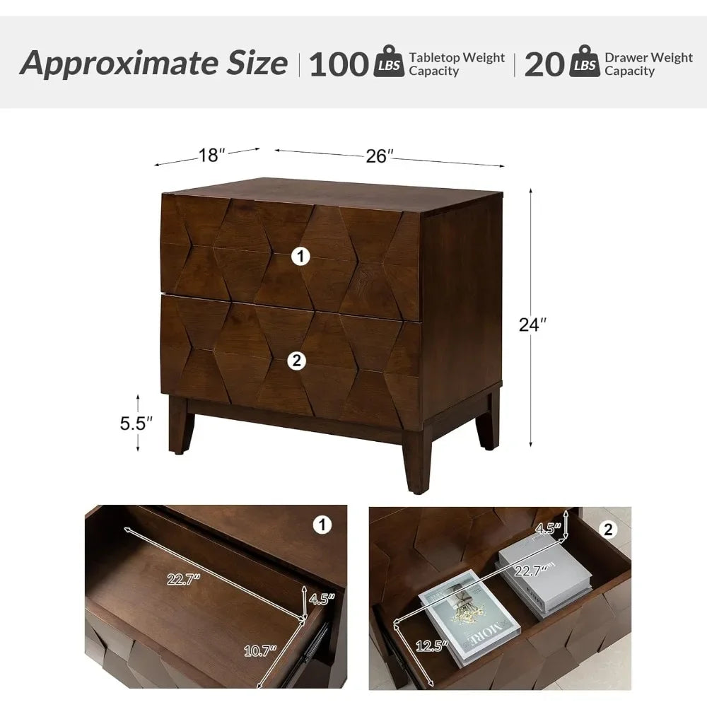 MAGGIE Modern Wooden Nightstand Set of 2 - 32'' Wide 2-Drawer Hexagonal Design with Charging Station