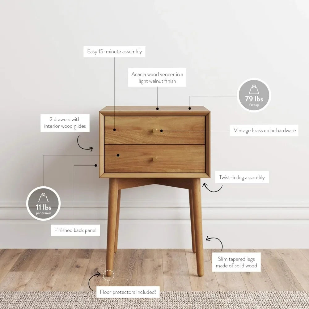 WINTER Modern Mid-Century Nightstand Set – 16" Wide Wooden End Table with Drawers, Black & Oak Brown