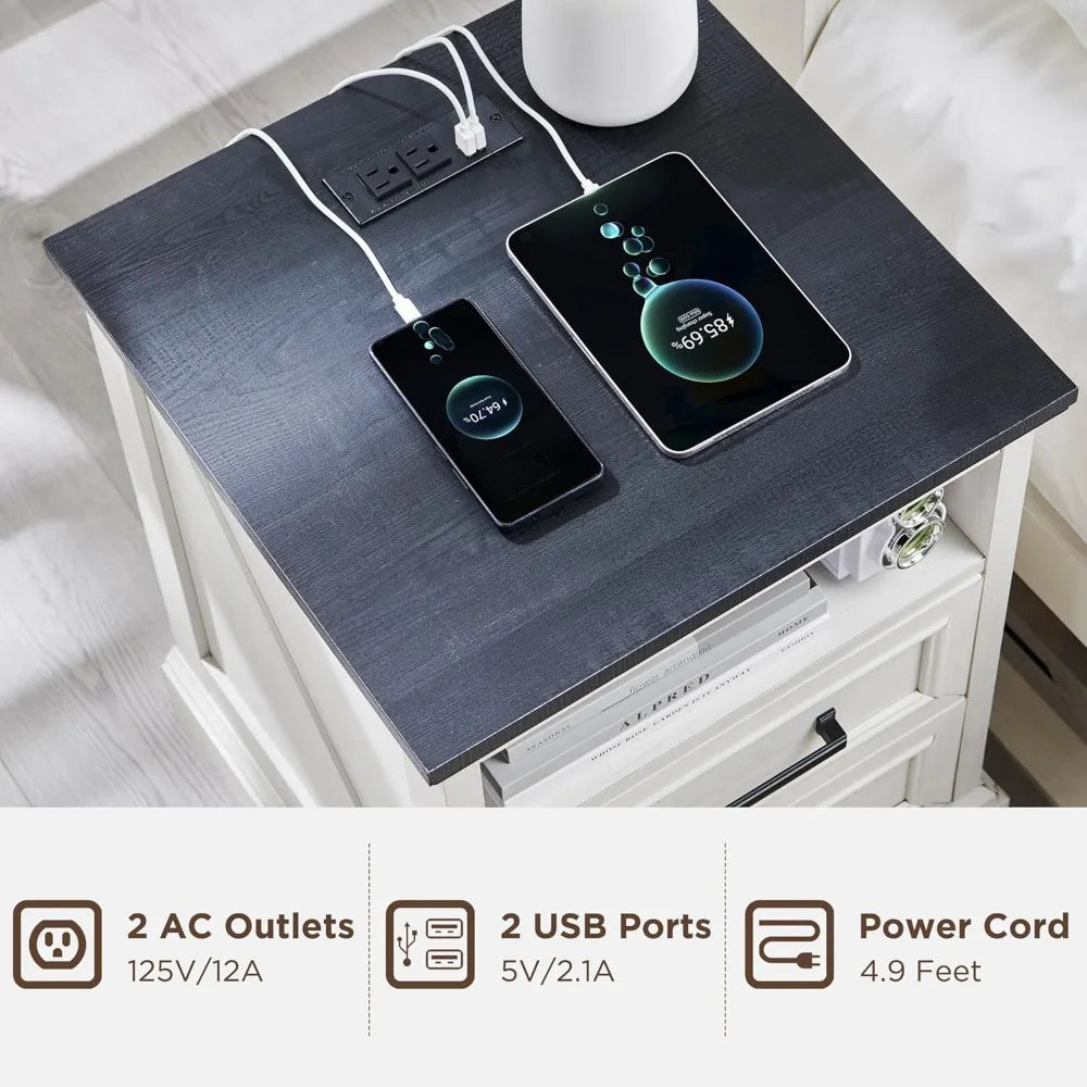 LEIGHTON Farmhouse Nightstand with Charging Station - 18'' Wide Wooden Bedside Table