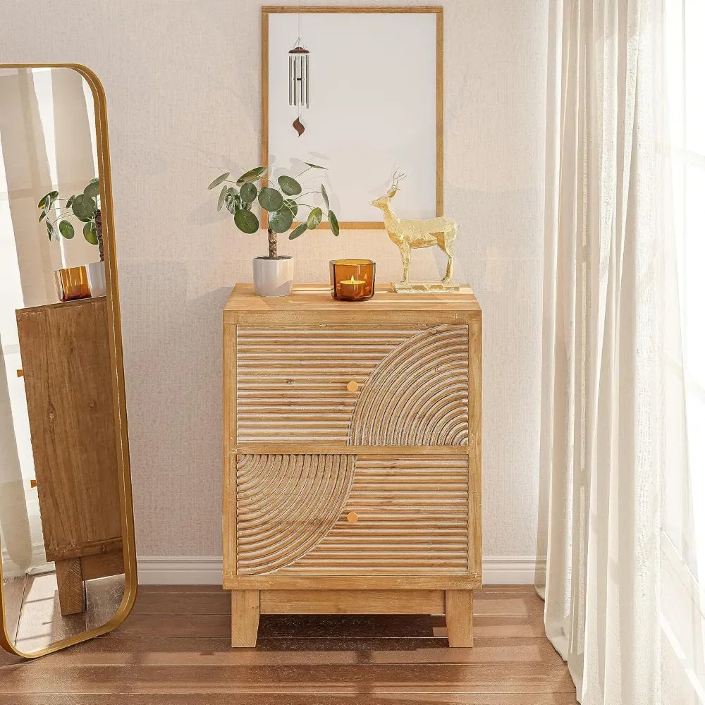 ADELYNN Farmhouse Boho Nightstand with Handcrafted Wood Ring Pattern - 18.5"W