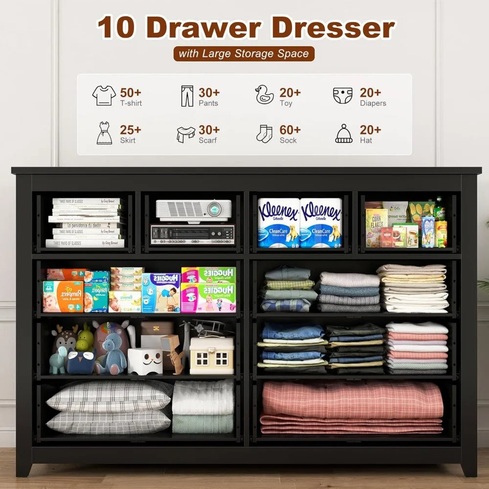 MORGAN Modern Minimalist 10-Drawer Wood Dresser – Large Storage Chest - 52.2'' Wide