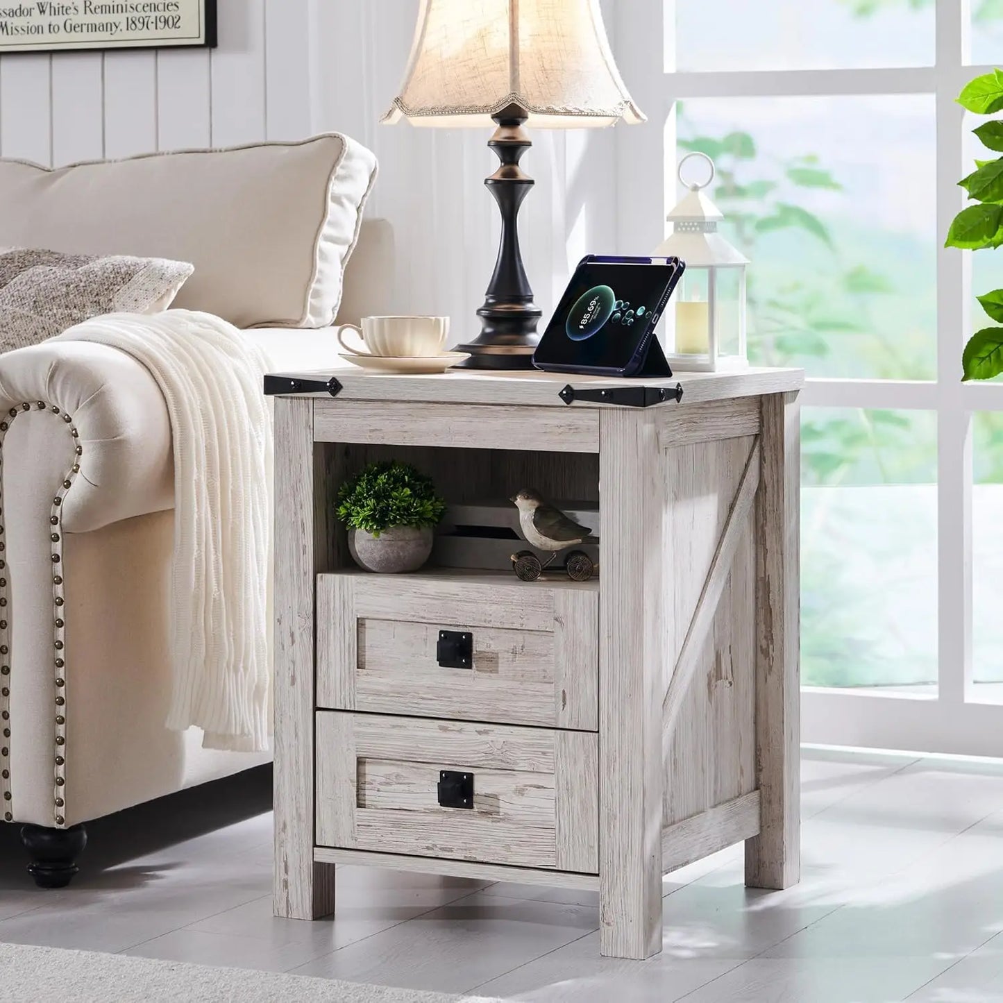 CHARLEE Rustic Farmhouse Nightstand with Charging Station & Storage - 18'' Wide