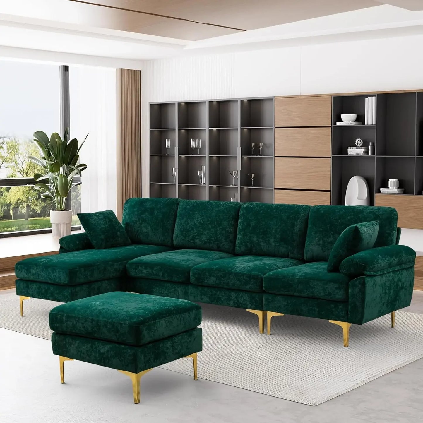 RYKER Modern Velvet U-Shaped Sectional Sofa with Chaise & Ottoman – Sectional Couch – 114.17" W