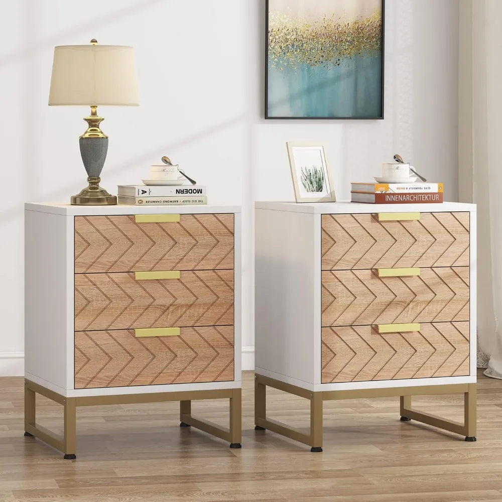 FRANCESCA Modern Zigzag 3-Drawer Nightstand Set – 17.71" Wide Wood & Metal End Table
