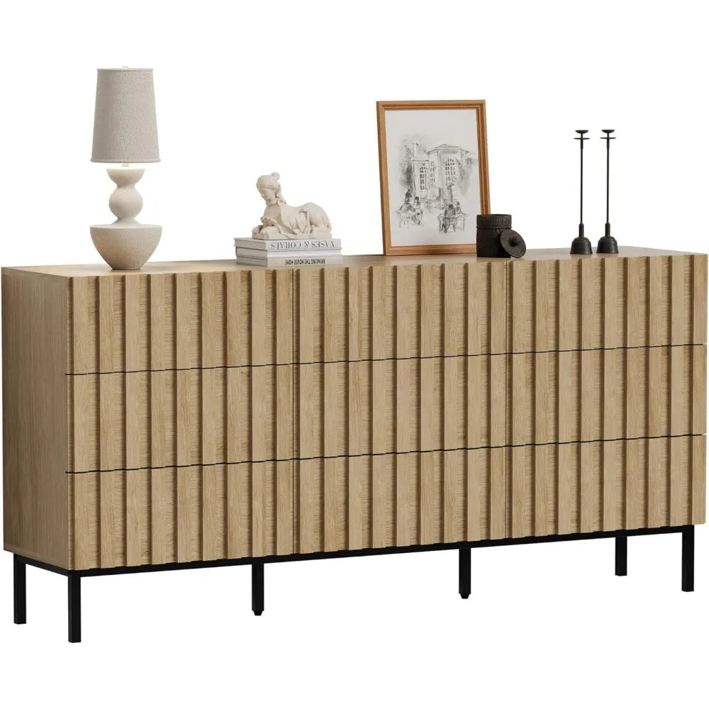 ROWAN Mid-Century Modern Fluted 9 Drawer Dresser - 59" Wide Wood Chest of Drawers