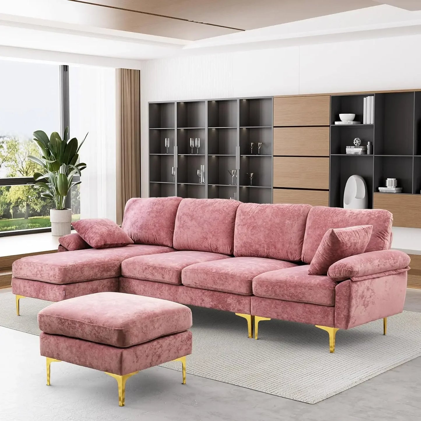 RYKER Modern Velvet U-Shaped Sectional Sofa with Chaise & Ottoman – Sectional Couch – 114.17" W