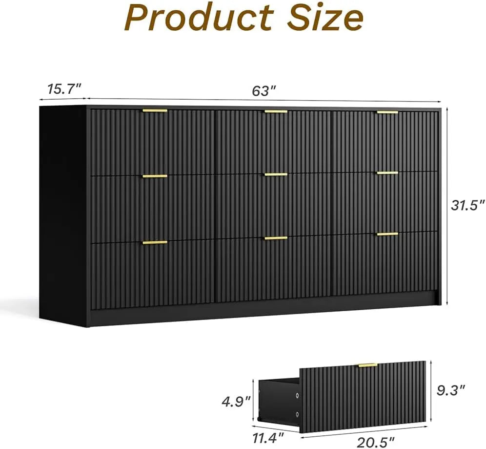 ANGELA Modern Fluted 9-Drawer Dresser - 63'' Wide Black Wood Storage Chest
