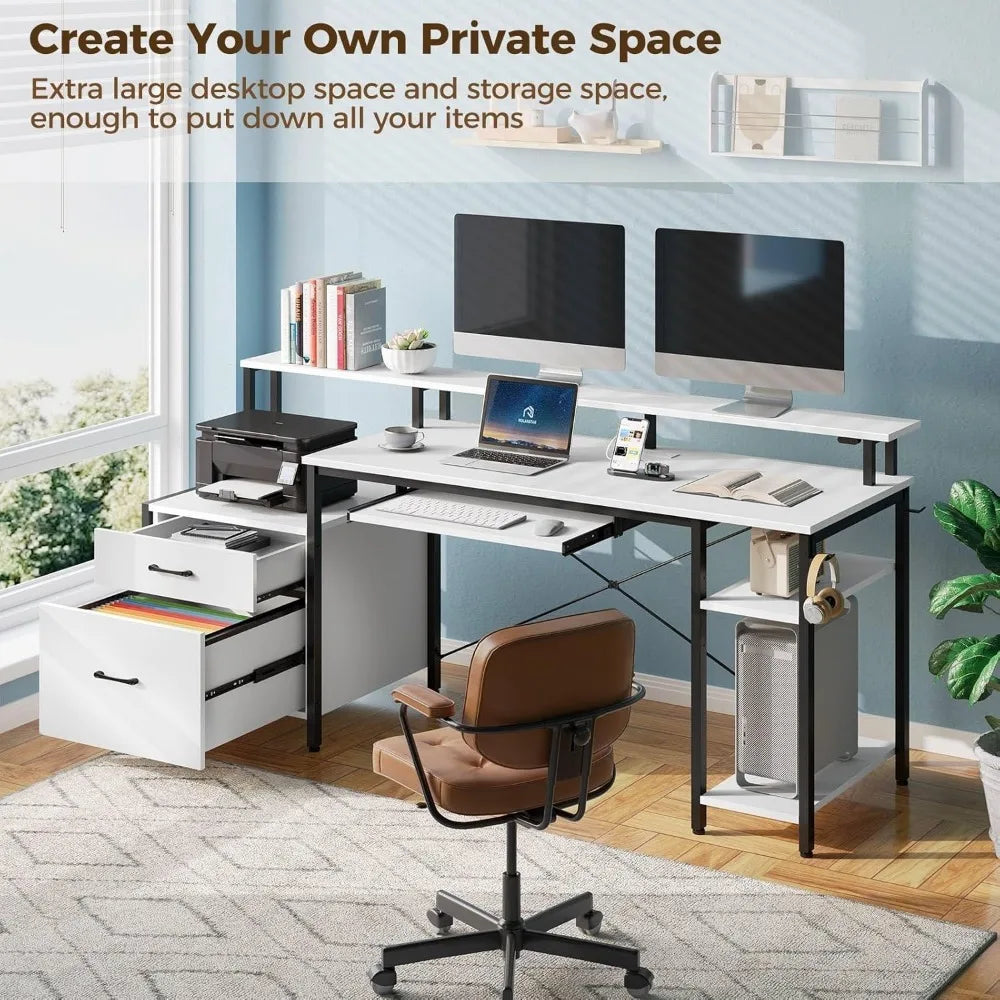 OLIVIA Gaming Desk with LED Lights & Power Outlets Storage Shelves- 63"W