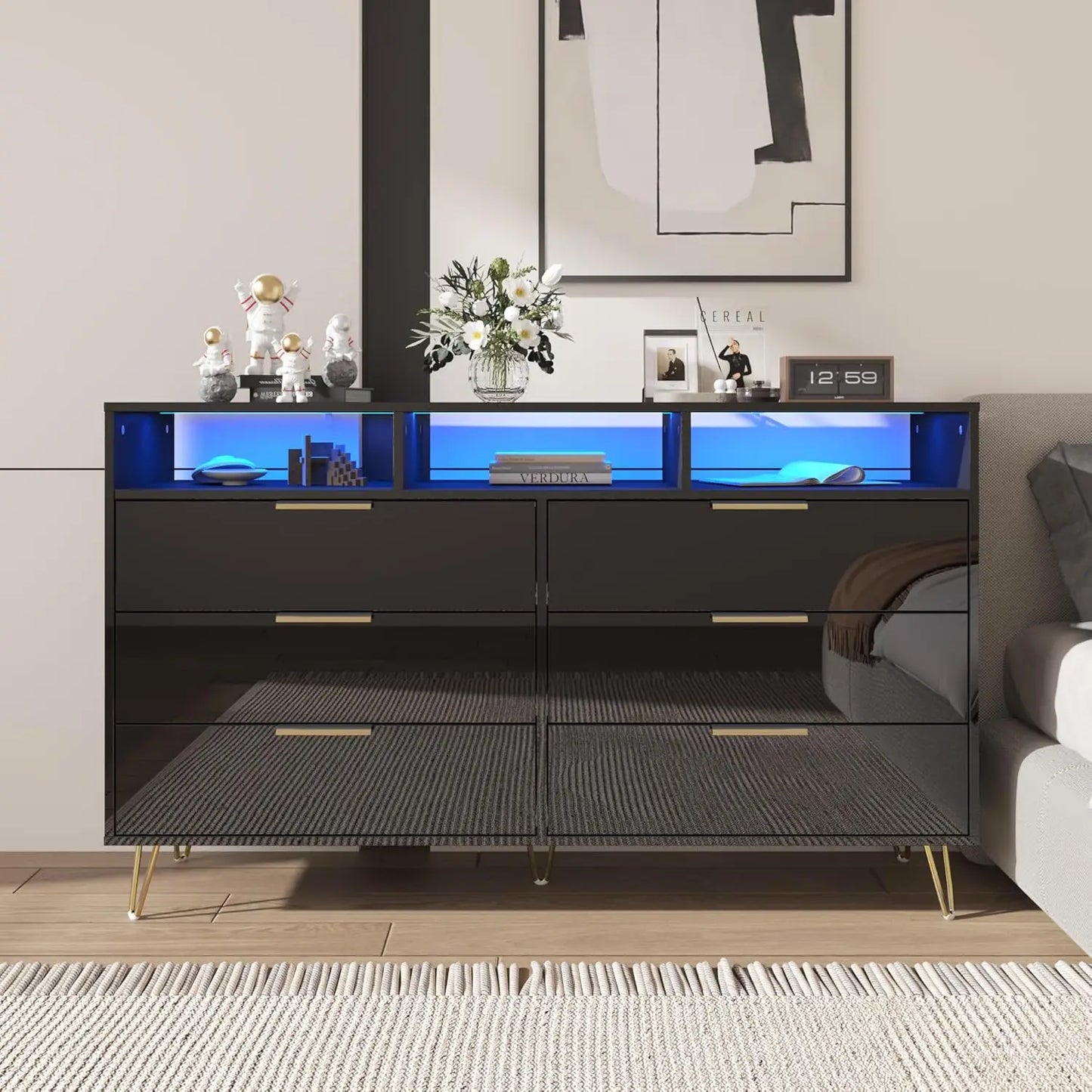 LOLA Modern High Gloss LED Dresser – 6 Drawer Chest with Gold Legs & Open Storage | 55.1'' W