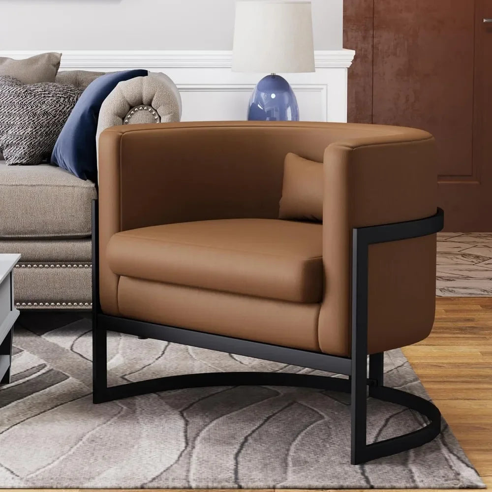 MICAH Brown Faux Leather Barrel Accent Chair – Modern Upholstered Armchair - 31" W