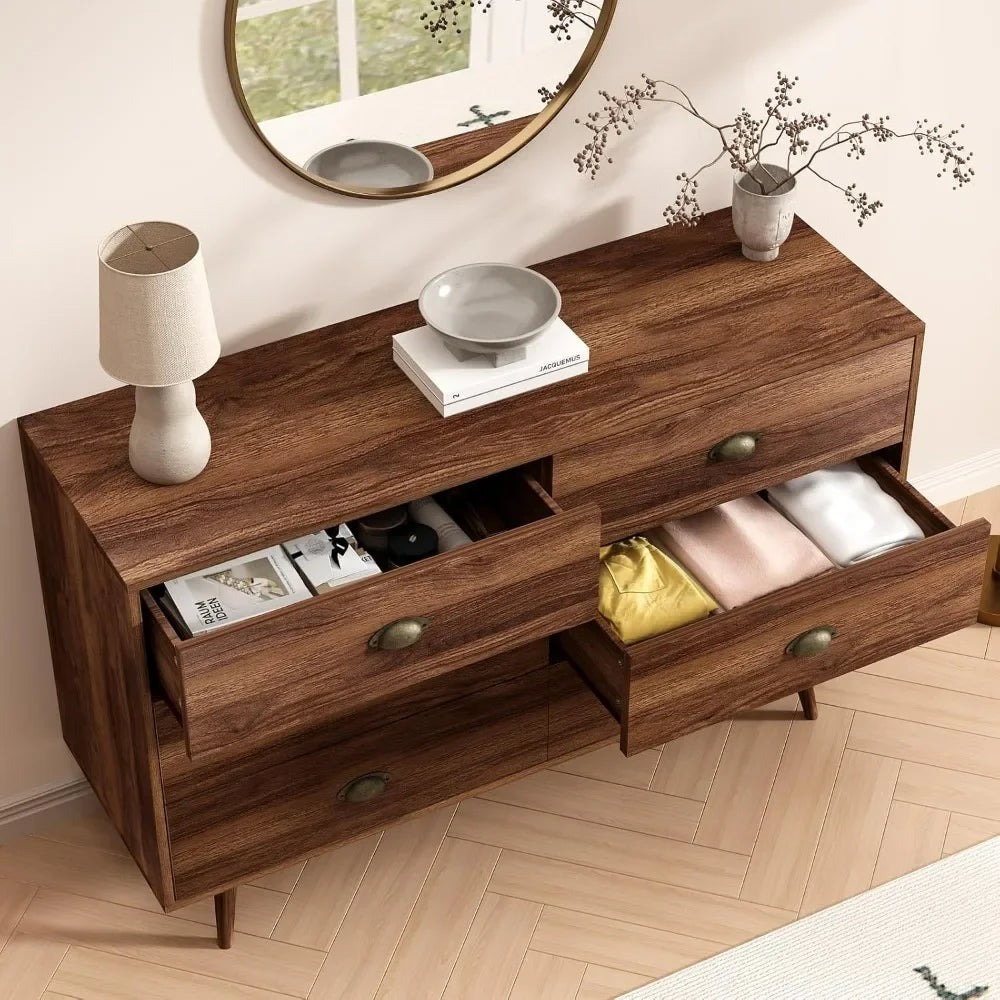 RACHEL Mid-Century Modern 6-Drawer Wood Dresser with Gold Handles - 47.24'' Wide