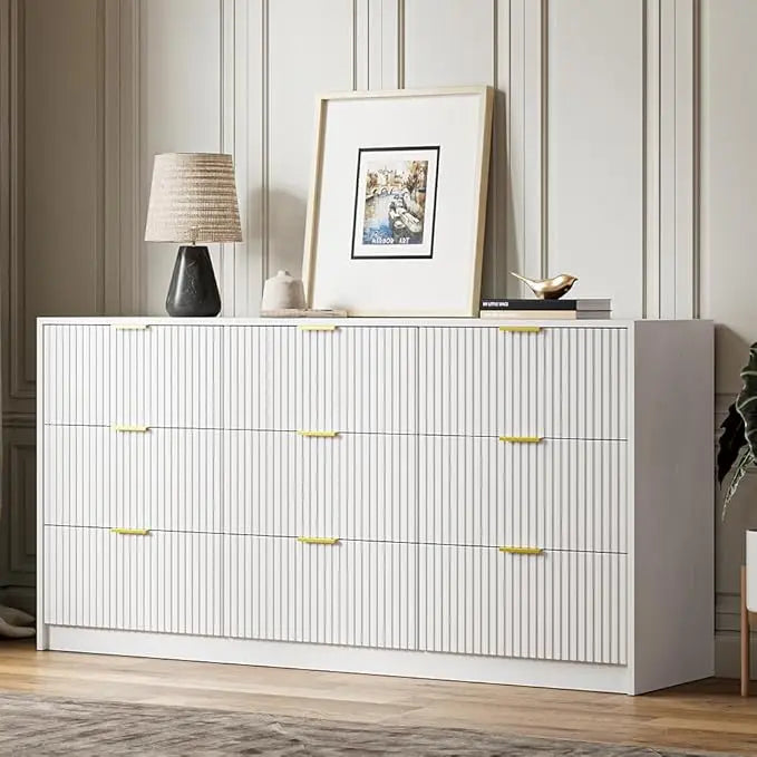 ANGELA Modern Fluted 9-Drawer Dresser - 63'' Wide Black Wood Storage Chest