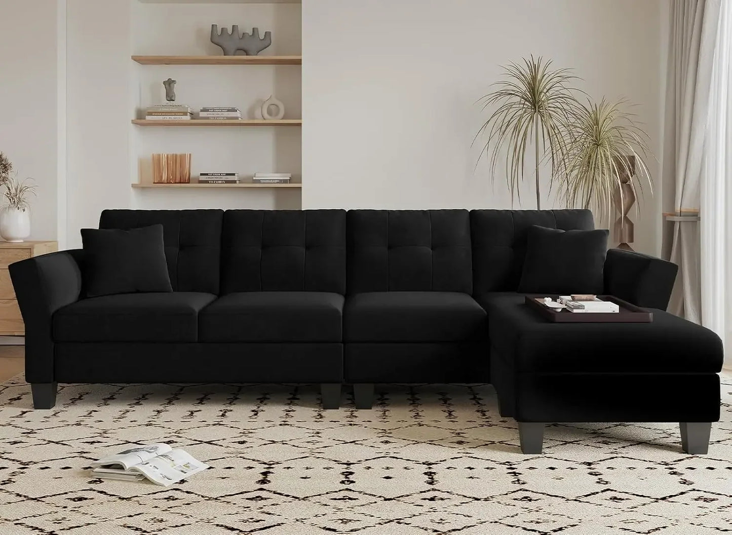 PAUL Modern Velvet Convertible L-Shaped Sectional Sofa – 4-Seater Couch with Chaise | 106.3"W