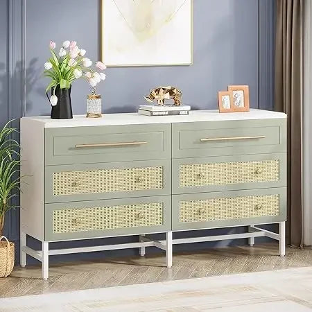 SUTTON Modern Rattan 6 Drawer Dresser - 55" Wood Storage Chest