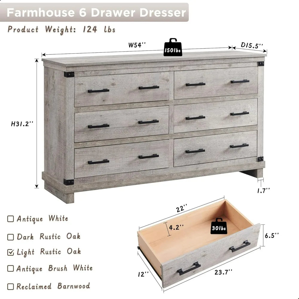 LEILA Farmhouse Rustic 6-Drawer Dresser - 54" Wide Chest of Drawers for Bedroom Storage