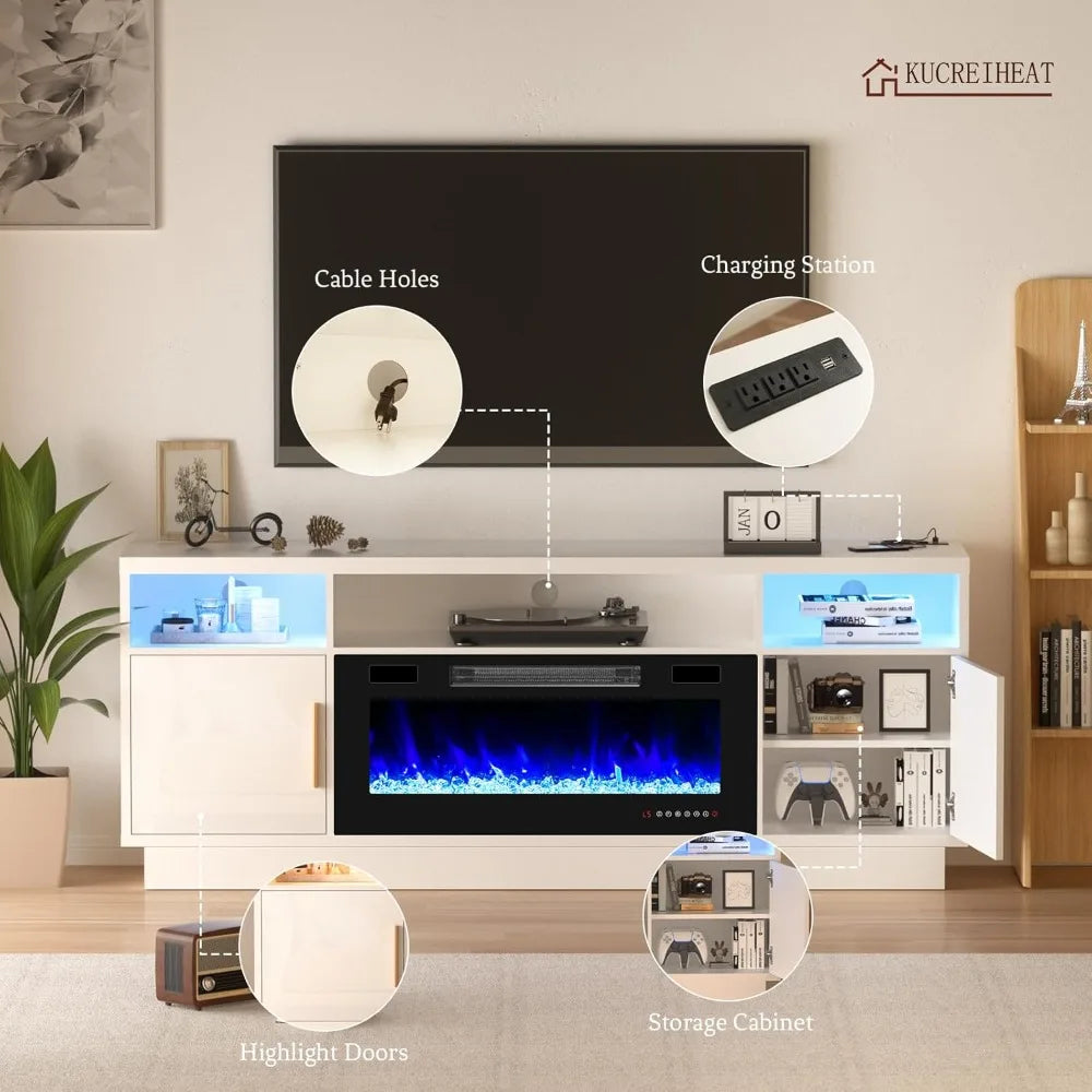 36'' Fireplace-LED Light Entertainment Center for TV-White TV Cabinet with Storage, Modern TV Console for Living Room