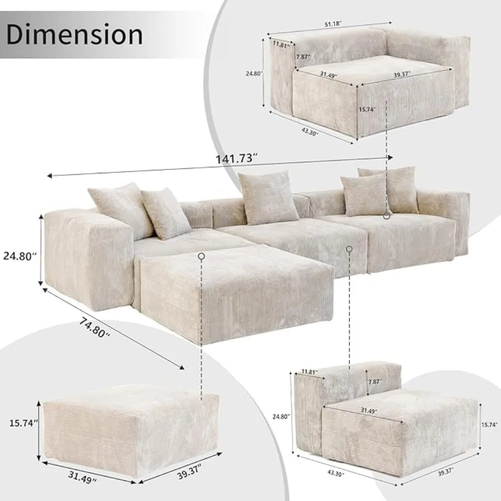KAYDEN Modular Corduroy L-Shaped Sectional Sofa – Modern 3-Seater with Ottoman - 118.11"W