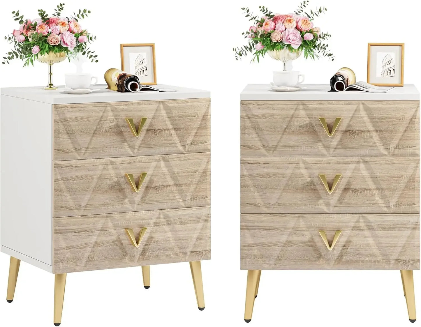 AZALEA Modern 3-Drawer Nightstand with Golden Legs - 19.69" W Stylish Bedside Table