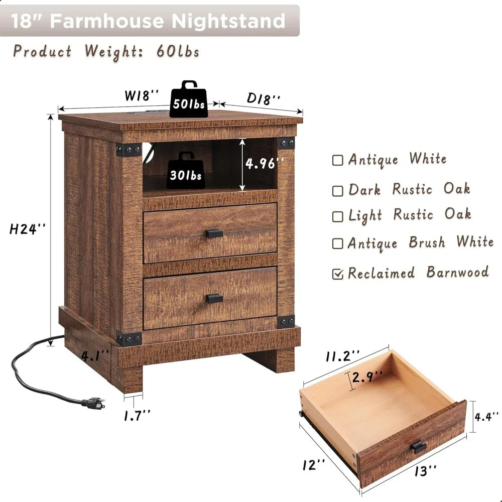 SELAH Rustic Farmhouse Nightstand with Charging Station – 18" Wooden End Table with Storage Drawers