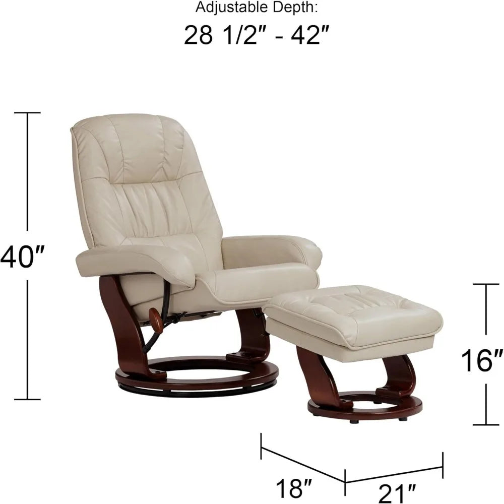 MOLLY Kyle Taupe Swivel Recliner Chair with Ottoman – Modern Faux Leather Armchair – 28.5"-42" W