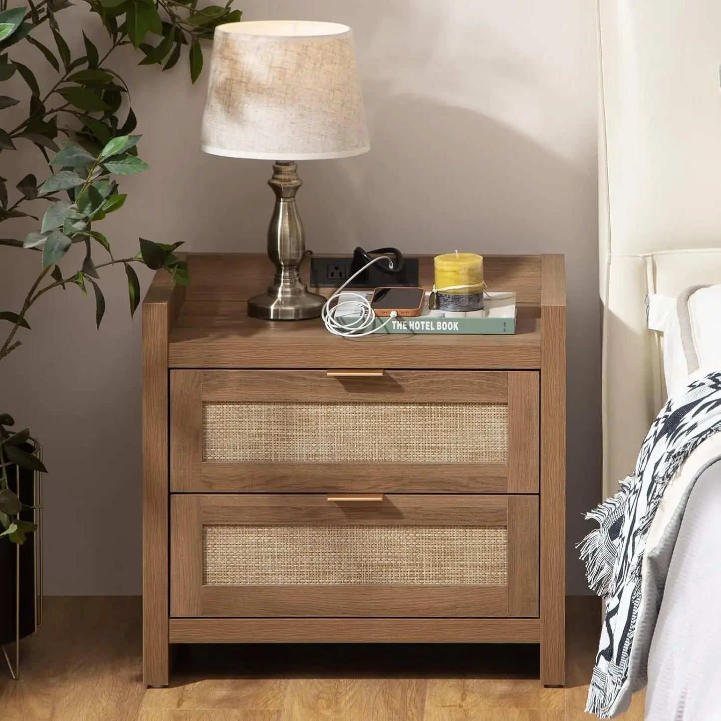 WYNTER Wide Bedside Table with Type-C Charging, 2 Drawers & Open Shelf