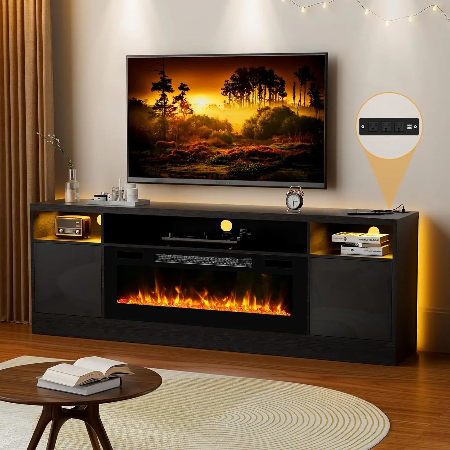 36'' Fireplace-LED Light Entertainment Center for TV-White TV Cabinet with Storage, Modern TV Console for Living Room