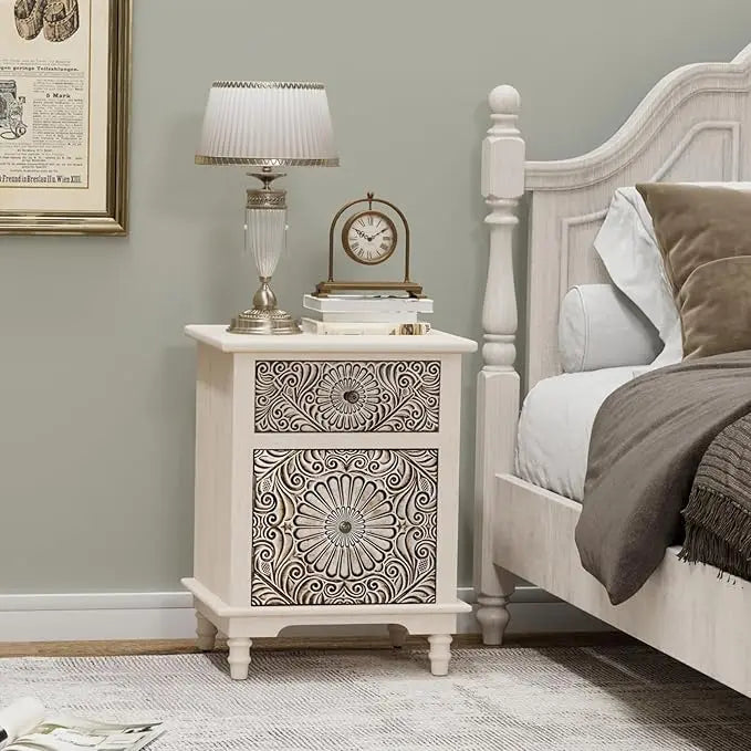 HOPE Vintage Floral Carved Wooden Nightstand Set – 18" Wide Bedside Table with 2 Drawers