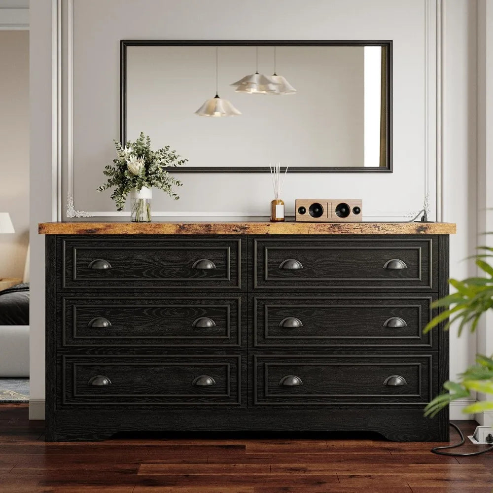 FINLEY Wide 6-Drawer Dresser with Charging Station - Rustic Wood Storage Cabinet