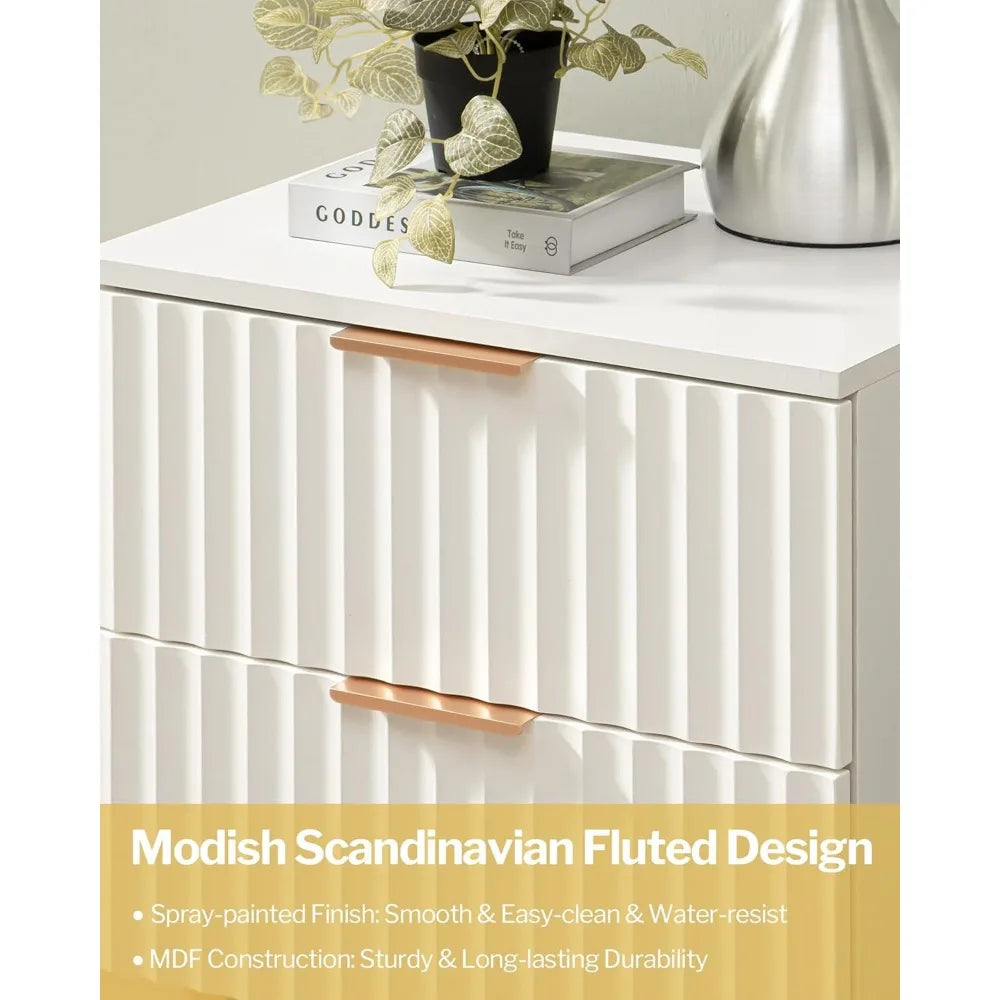 PHOENIX White Modern Fluted Nightstand with 2 Drawers - 24'' Wide