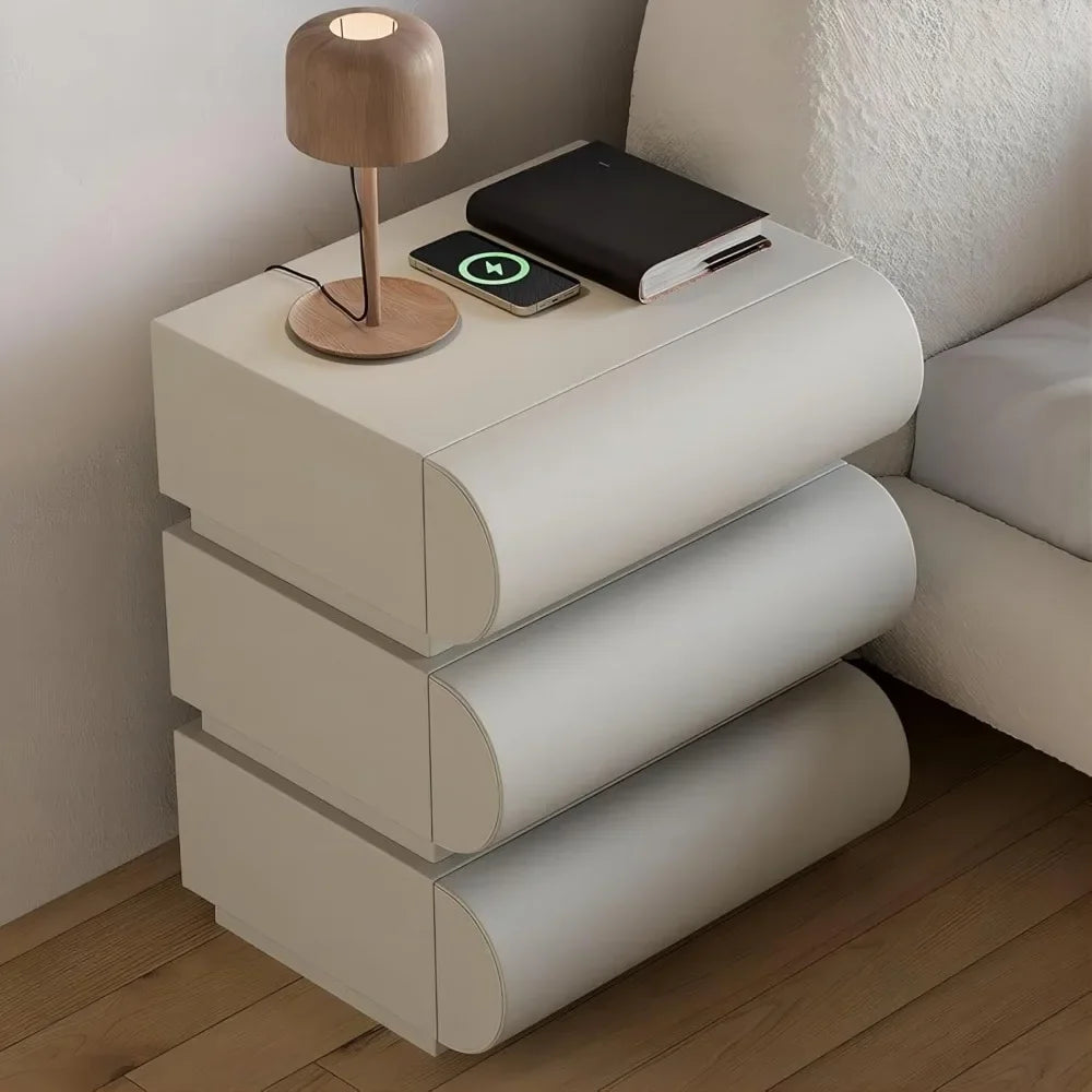 KAYLA Modern Black Leather Smart Nightstand with Wireless Charger - 19.7"