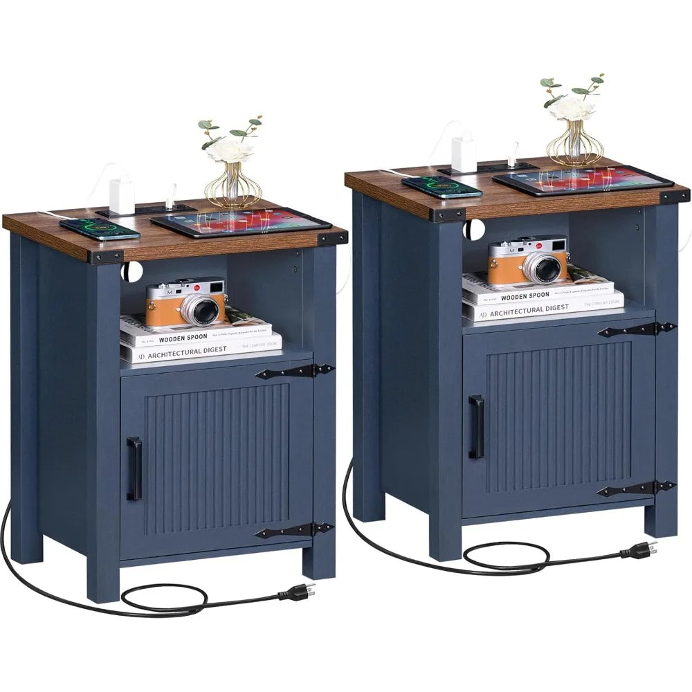 SERENA Farmhouse Nightstand Set of 2 with Charging Station - 18" Rustic Bedside Table with USB Ports & Storage
