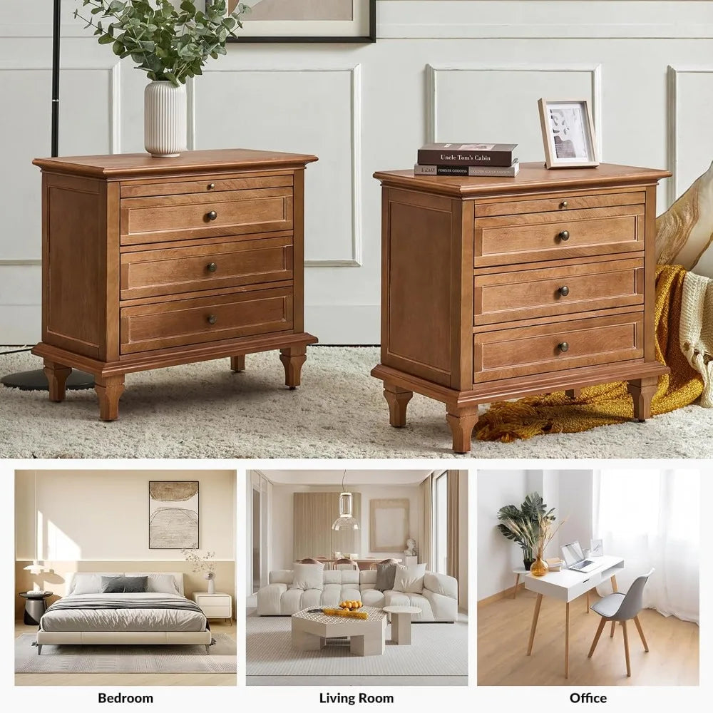 REGINA Farmhouse Nightstand Set of 2 with Charging Station, Pull-Out Shelf & Solid Wood Legs - 27''