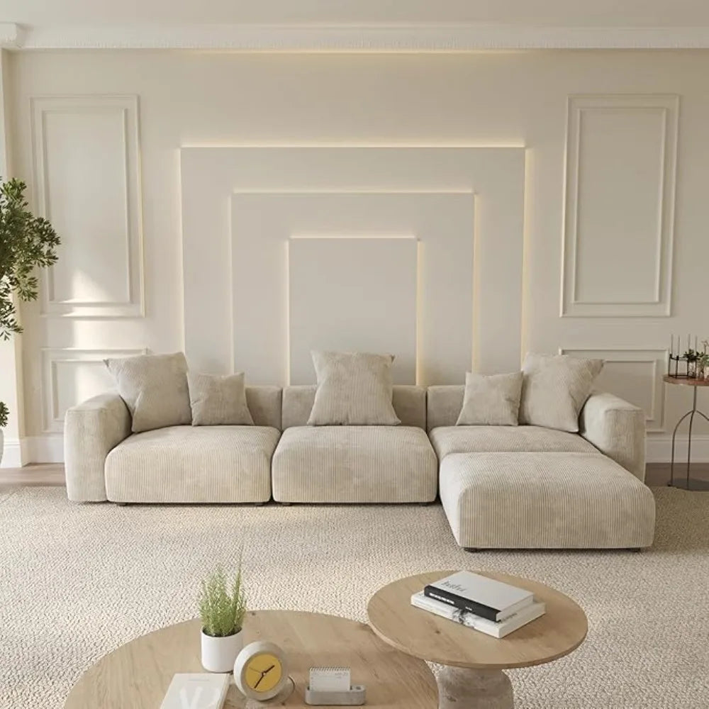KAYDEN Modular Corduroy L-Shaped Sectional Sofa – Modern 3-Seater with Ottoman - 118.11"W