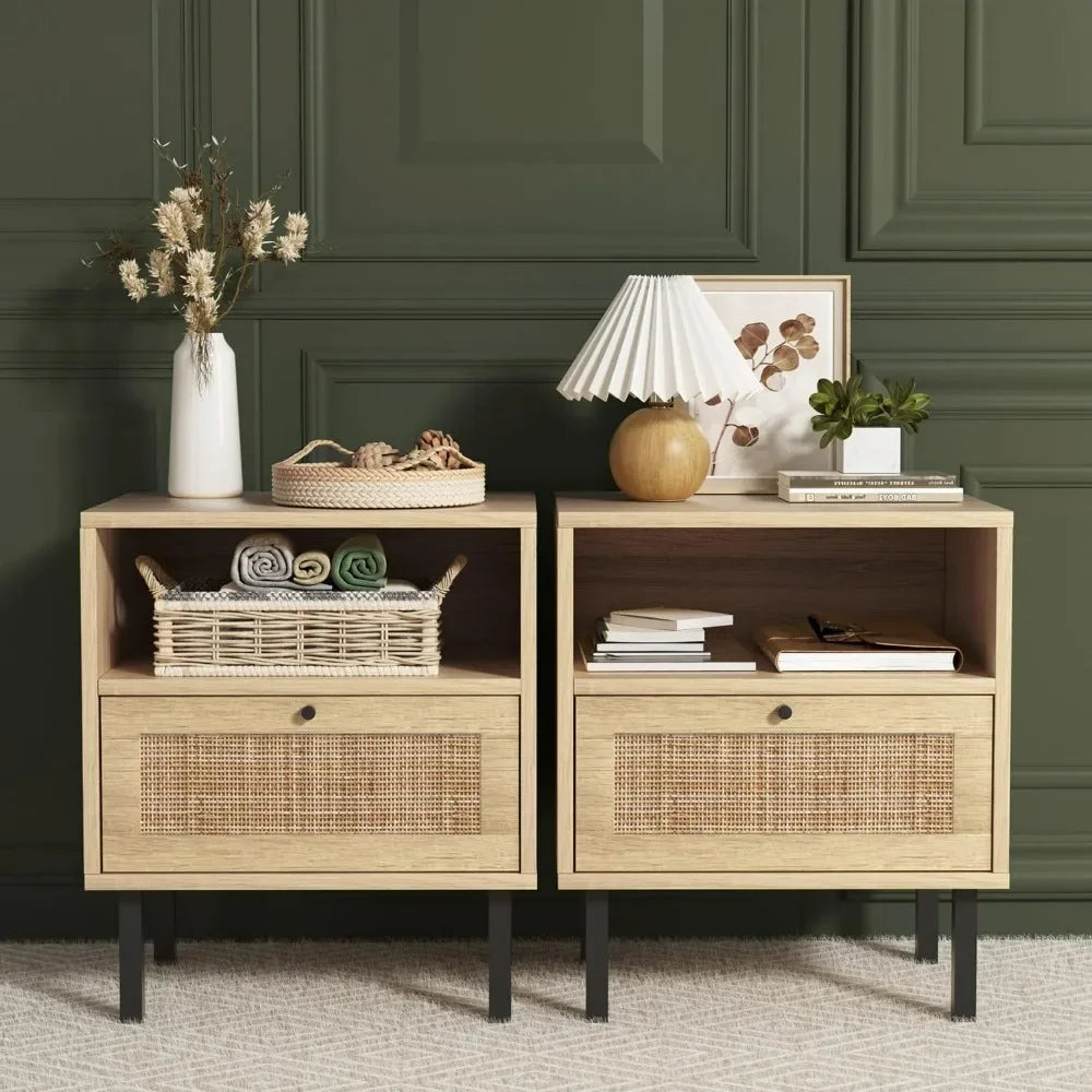 GISELLE Wooden Bedside Table with Metal Legs & Open Shelf - 18.9'' Wide