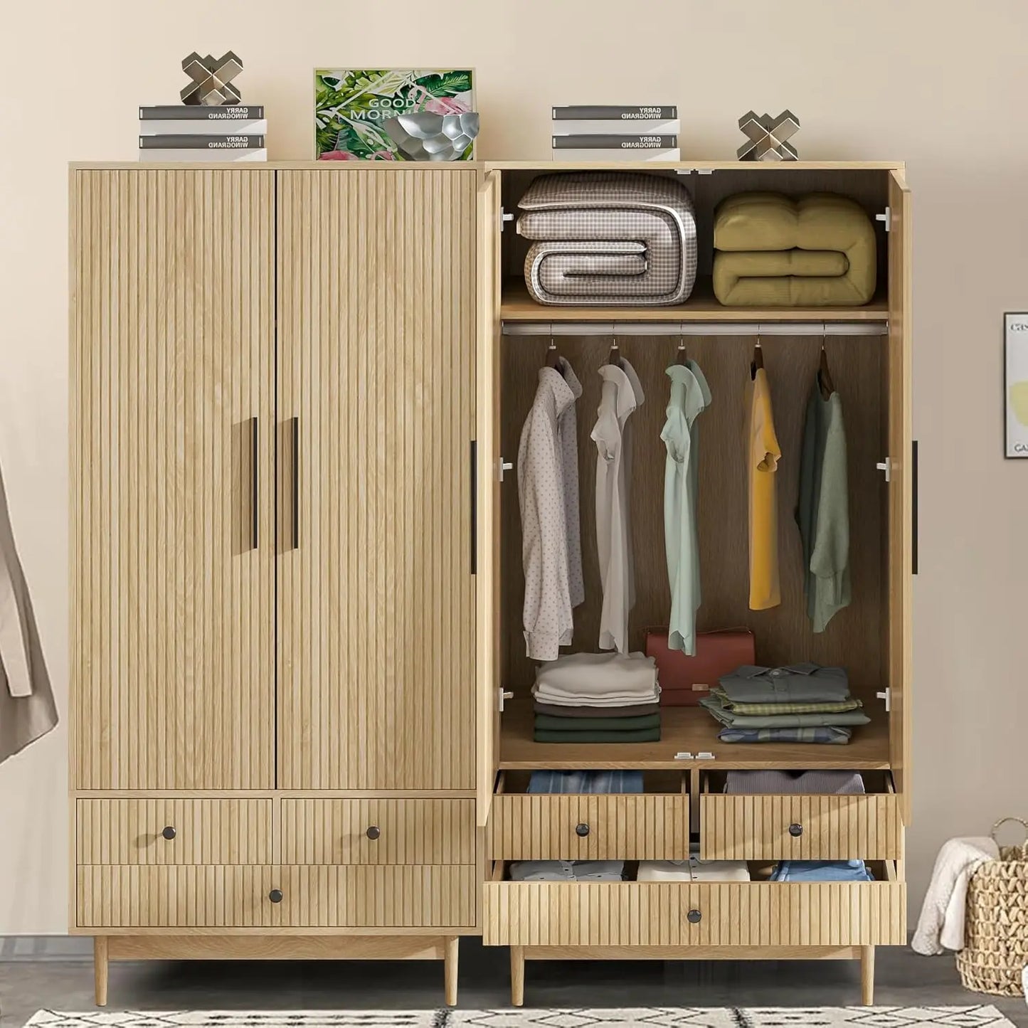 SUNNY Modern Fluted Double-Door Wardrobe Closet Set – 63'' Wide Wooden Bedroom Armoire