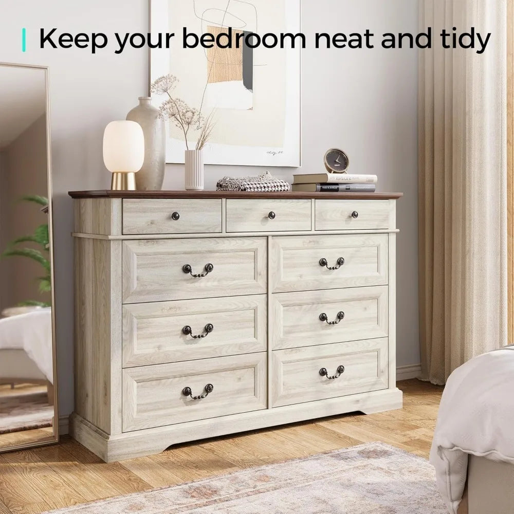 JULIANA Farmhouse 9-Drawer Wood Dresser - 53'' Wide Rustic Chest for Bedroom