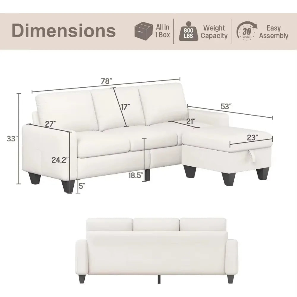 MADELINE Modern Minimalist L-Shaped Convertible Sofa Set - 78"W