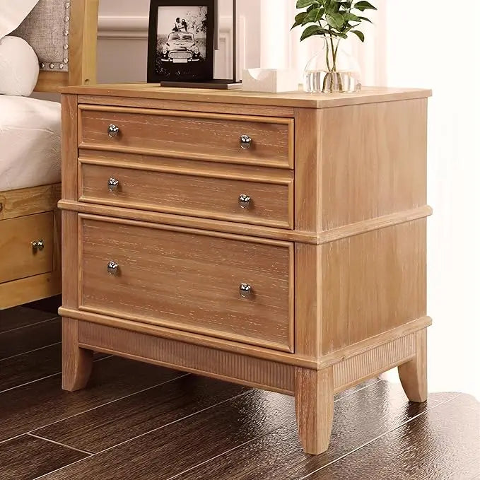 EMORY Rustic 3-Drawer Solid Wood Nightstand - 27.3" Wide Bedside Table with Storage