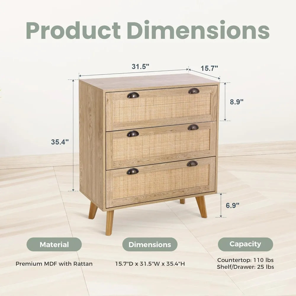 LONDON Boho Rattan Nightstand Set - 3-Drawer Woven Cane Dresser for Bedroom & Living Room - 31.5''