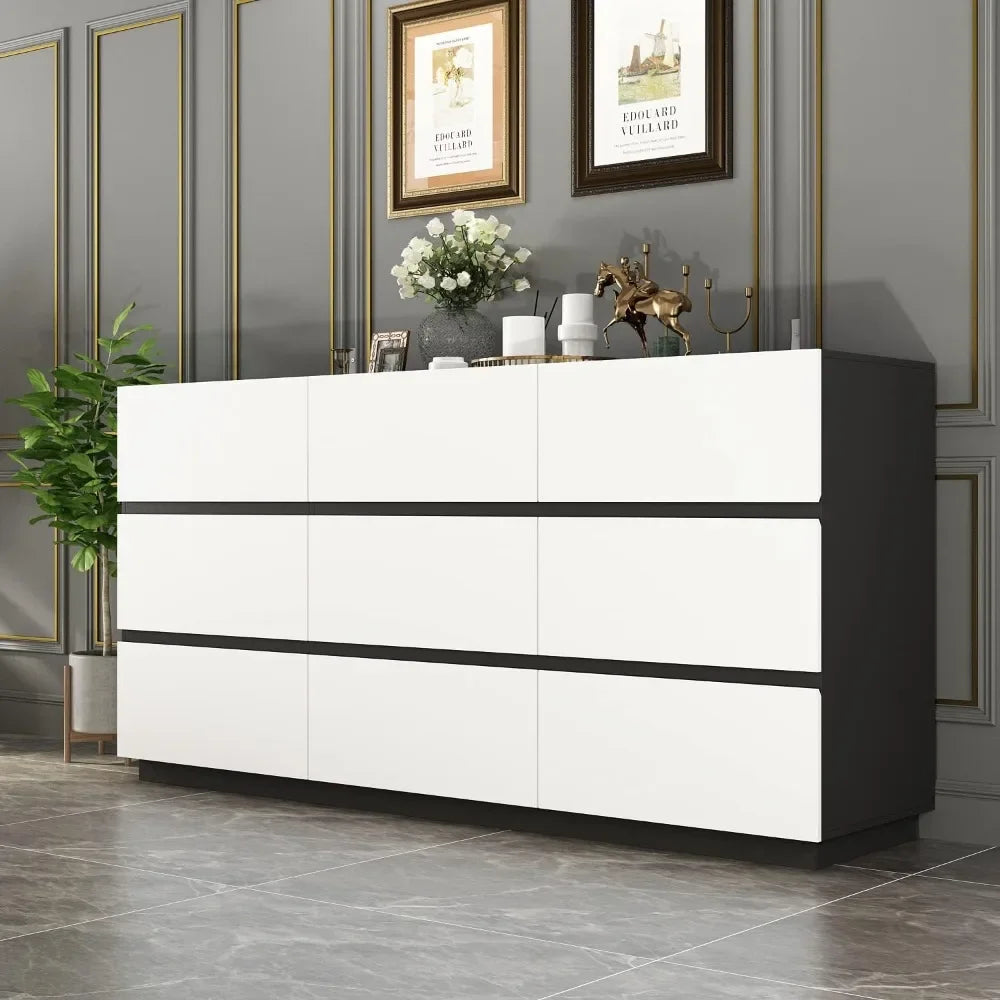 LEIA Modern 9-Drawer Wide Dresser – Sleek Black & White Chest of Drawers