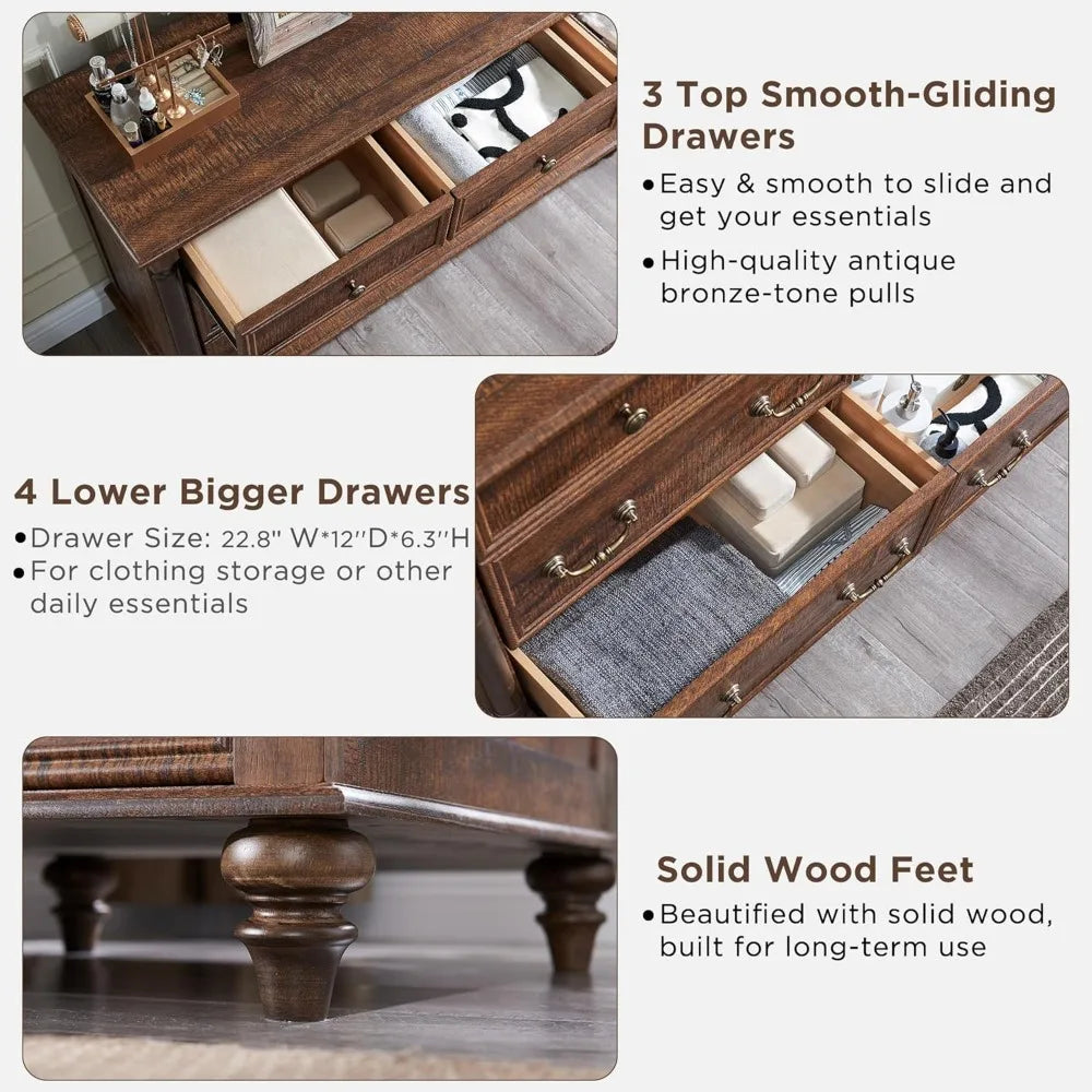 KALI Farmhouse 7-Drawer Wide Wood Dresser - 54'' Rustic Storage Chest