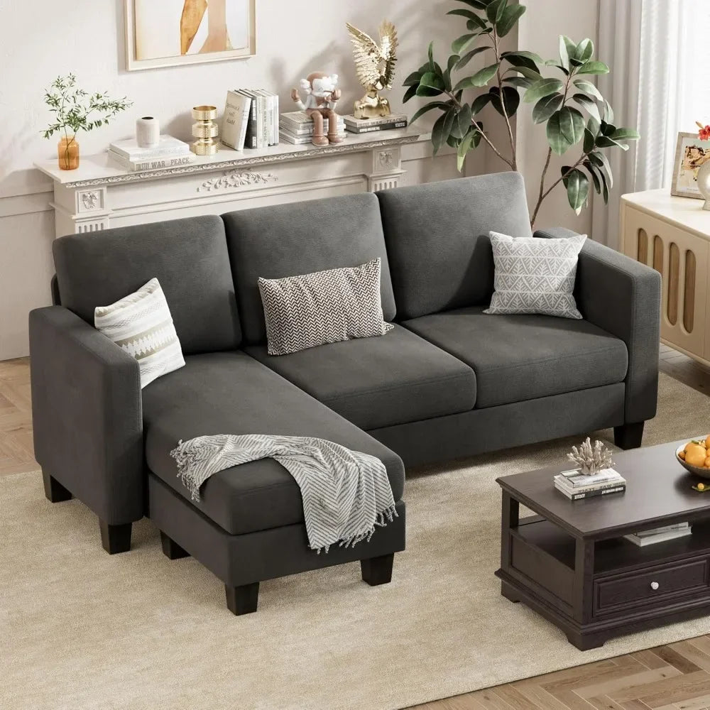 ANGELA Modern Linen Convertible L-Shaped Sectional Sofa – 3-Seater Couch with Movable Ottoman - 70.8"W