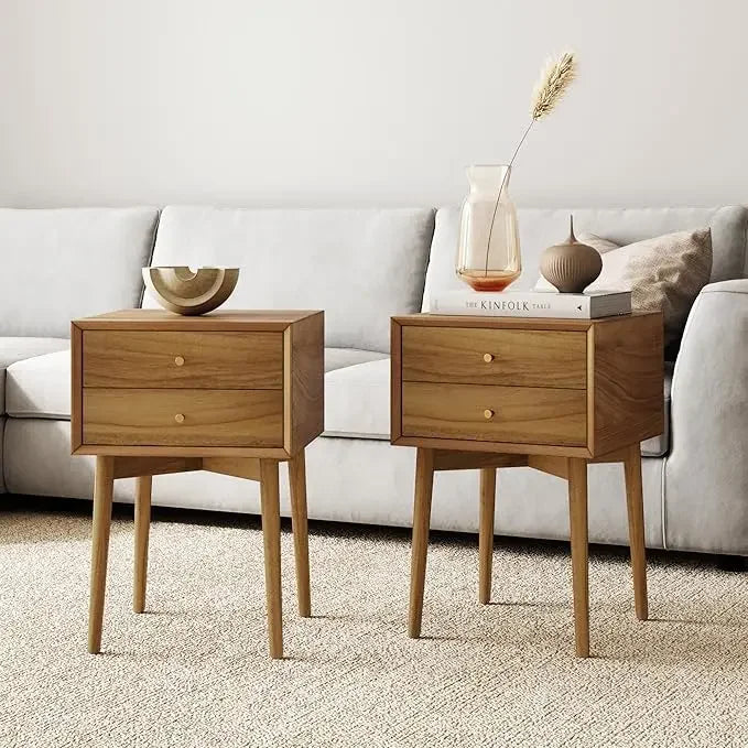 WINTER Modern Mid-Century Nightstand Set – 16" Wide Wooden End Table with Drawers, Black & Oak Brown