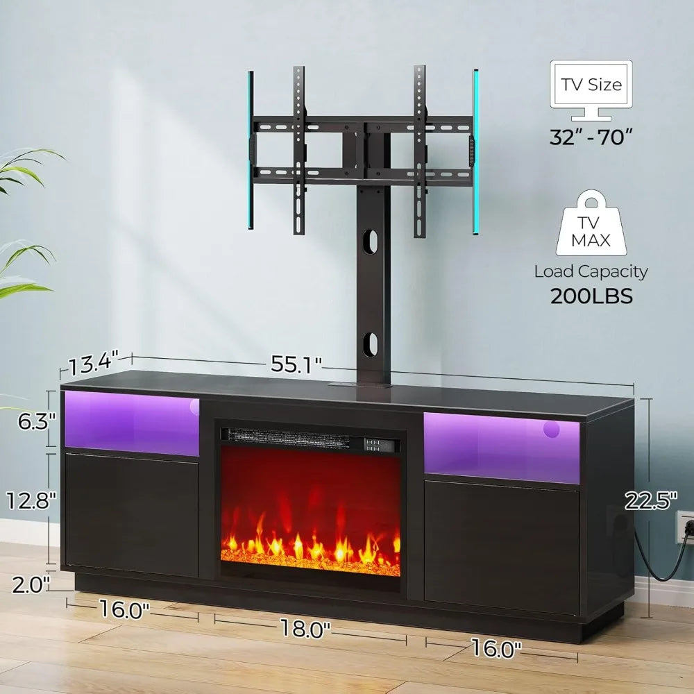 Fireplace TV Stand with Led Lights and Power Outlets Swivel TV Stand Mount for 45/55/60/65 inch TVs Height Adjustable TV Console