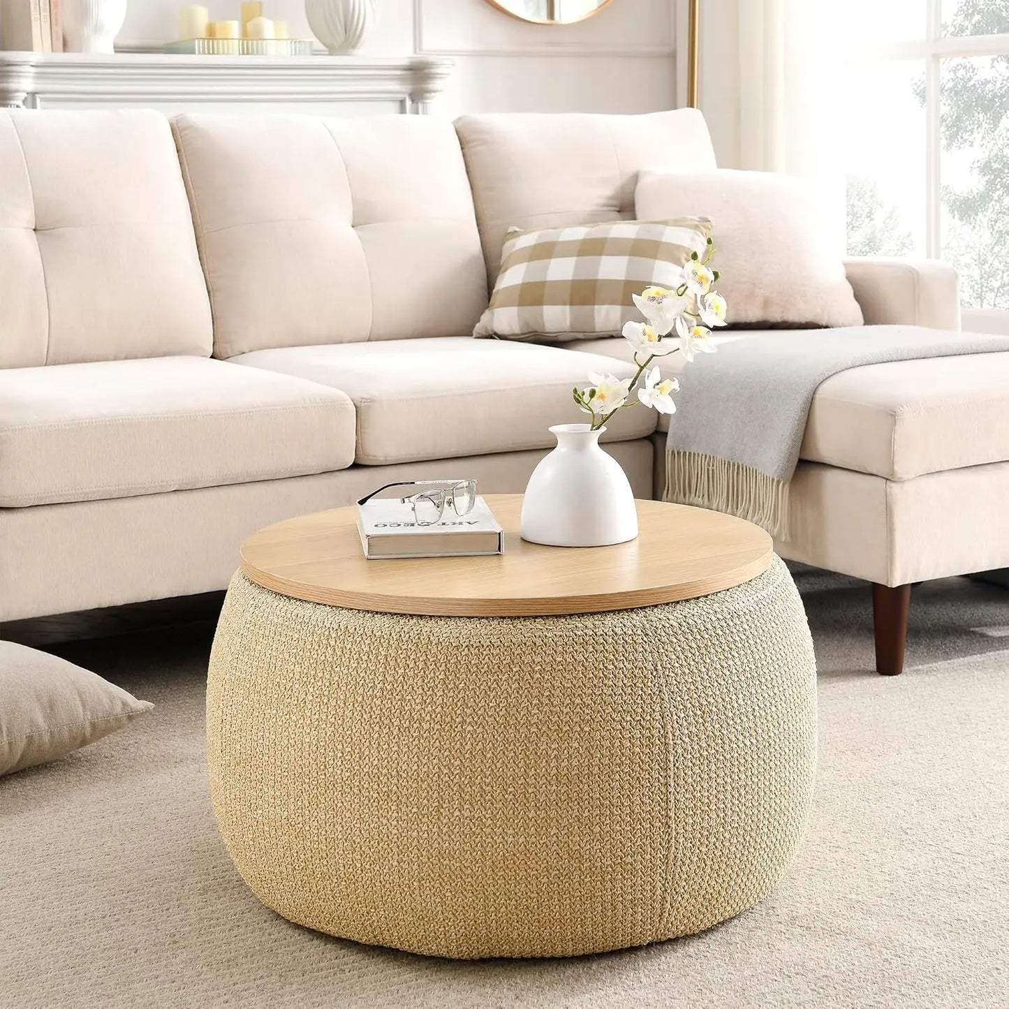 JUSTIN Modern Round Storage Ottoman with Wooden Lid – 25.5" W